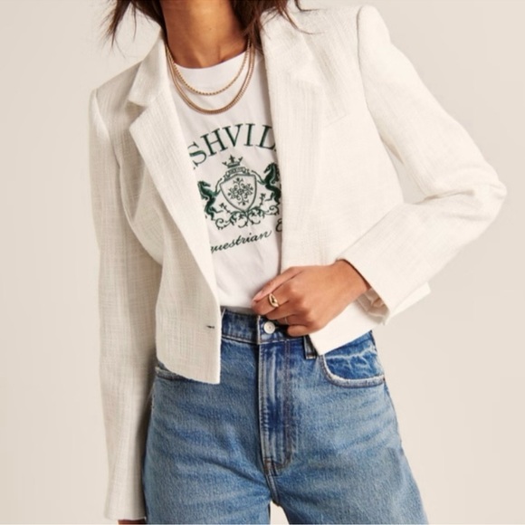 Abercrombie & Fitch Cropped Tweed Blazer, White/Cream - Size S - Picture 1 of 6